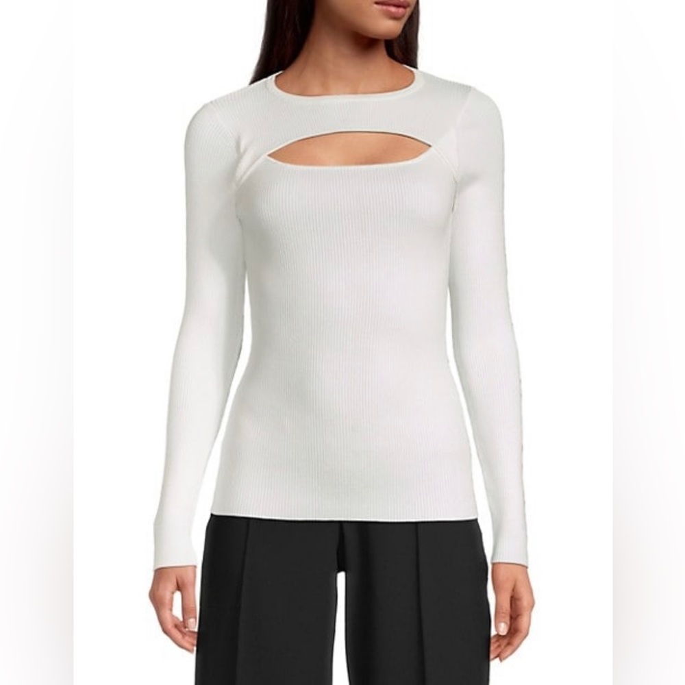 Tahari White Cut-Out Ribbed Long Sleeve Top - Women size medium